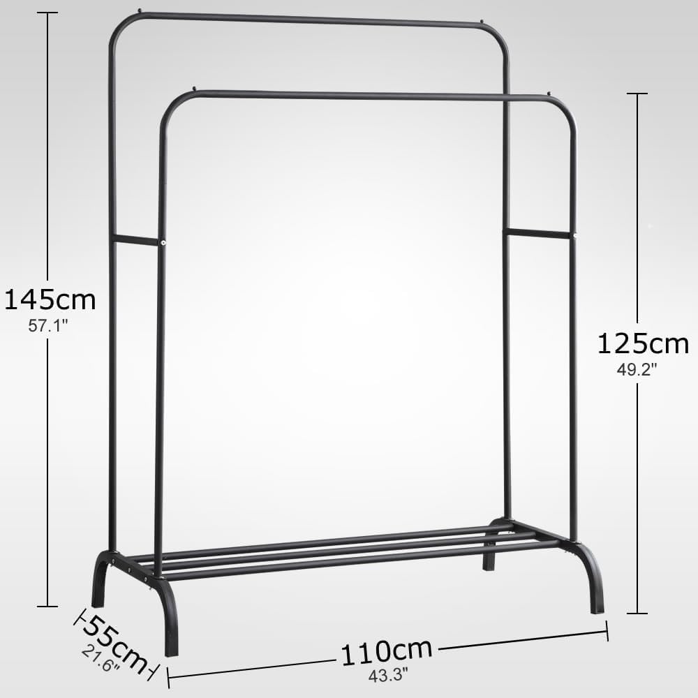 Black Duo Metal Clothes Rack Double Black Metal Clothes Rack Multi-Use Easy to Install with Wheels for Easy Movement, Dimensions 150 - Generic