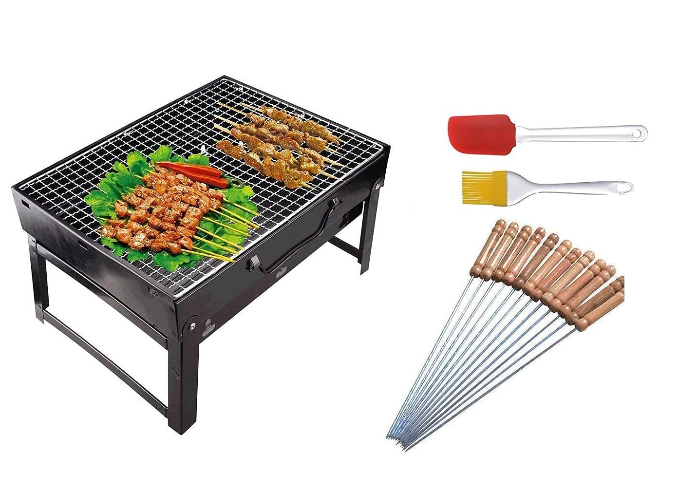 Portable Charcoal Barbeque Grill With 12 Skewers, Oil Brush & Spatula (Metal, Black), Free Standing