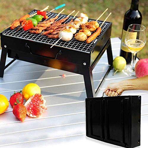 Portable Charcoal Barbeque Grill With 12 Skewers, Oil Brush & Spatula (Metal, Black), Free Standing
