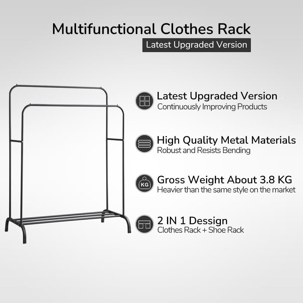Black Duo Metal Clothes Rack Double Black Metal Clothes Rack Multi-Use Easy to Install with Wheels for Easy Movement, Dimensions 150 - Generic
