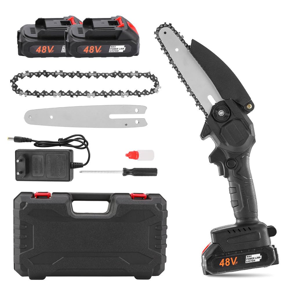 48V Cordless Chainsaw – Battery Powered Electric Chainsaw with 2 Batteries & Charger – Lightweight, Portable Chain Saw for Tree Trimming, Wood Cutting, Yard Work