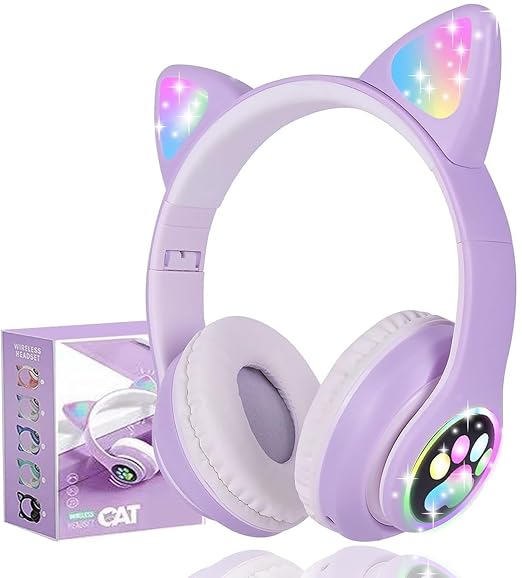DAEMON KIDS WIRELESS HEADPHONES CAT EAR LED LIGHT UP BLUETOOTH FOLDABLE HEADPHONES