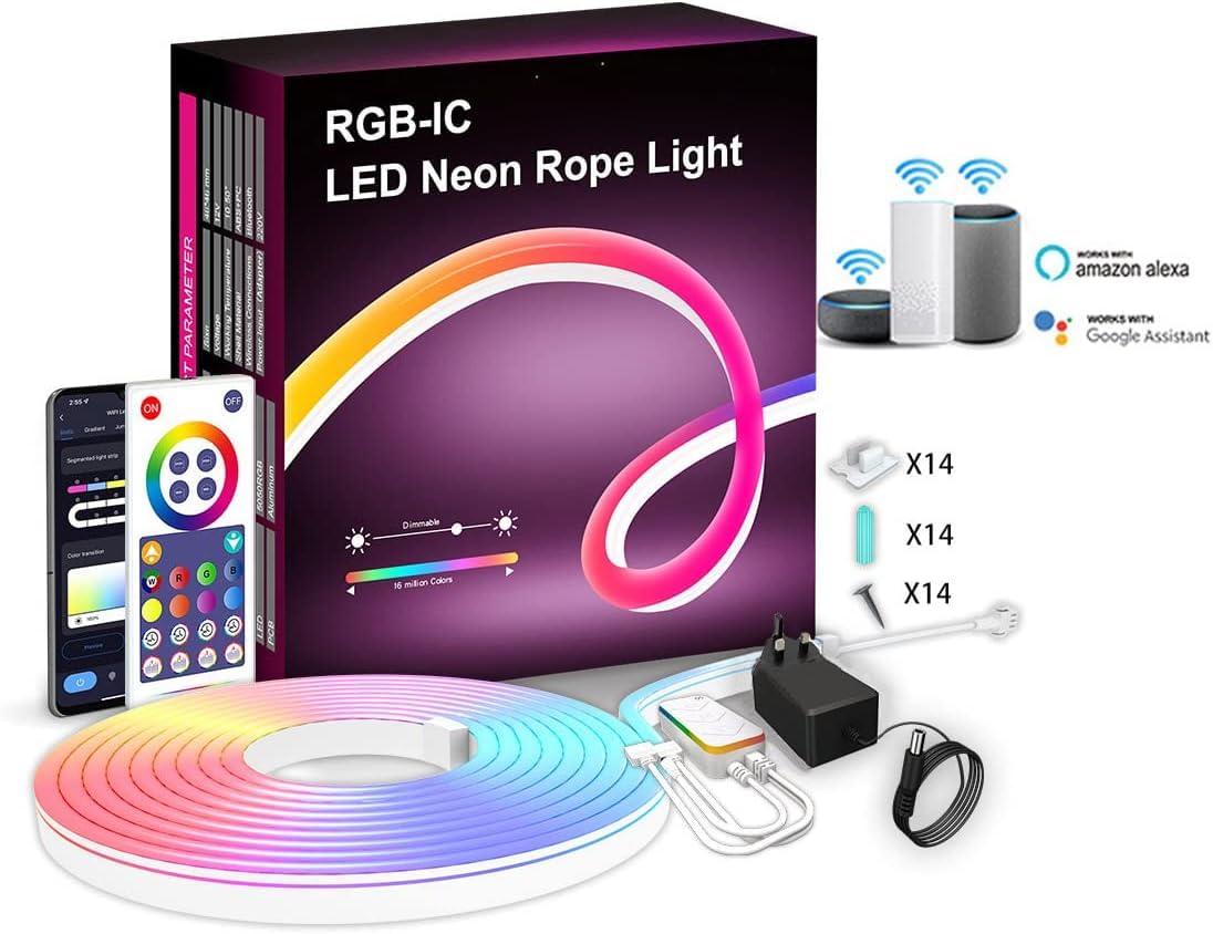 Neon LED Strip, RGBIC Neon WiFi LED Strips with App Control, DIY Color Changing Light, Music Sync, Neon Light Strip for Living Room, Bedroom(3 Meters)