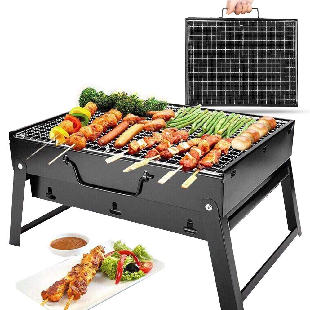 Portable Charcoal Barbeque Grill With 12 Skewers, Oil Brush & Spatula (Metal, Black), Free Standing