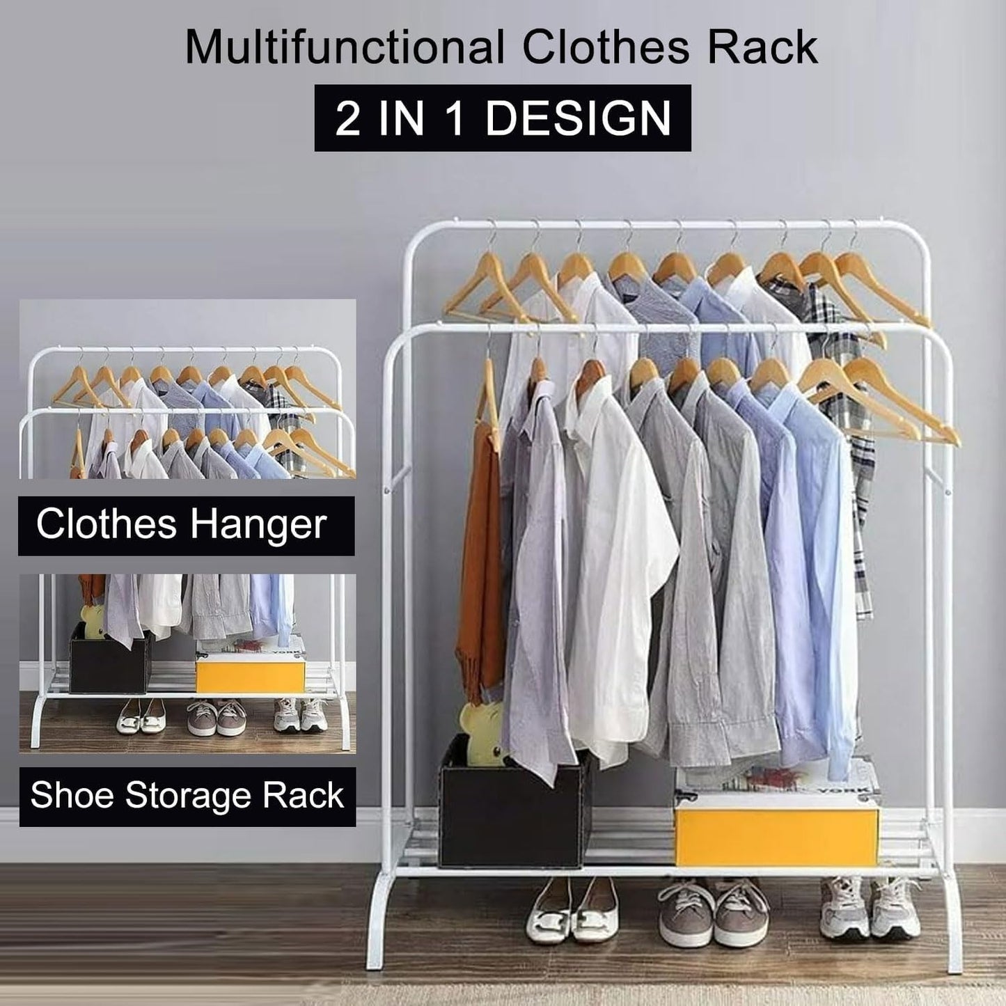 Black Duo Metal Clothes Rack Double Black Metal Clothes Rack Multi-Use Easy to Install with Wheels for Easy Movement, Dimensions 150 - Generic
