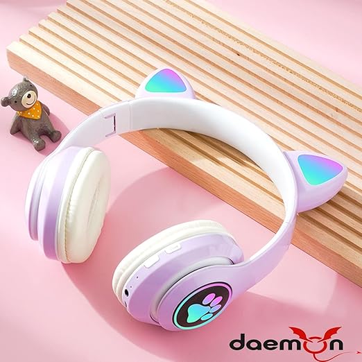 DAEMON KIDS WIRELESS HEADPHONES CAT EAR LED LIGHT UP BLUETOOTH FOLDABLE HEADPHONES