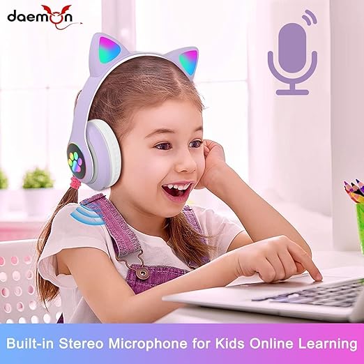 DAEMON KIDS WIRELESS HEADPHONES CAT EAR LED LIGHT UP BLUETOOTH FOLDABLE HEADPHONES