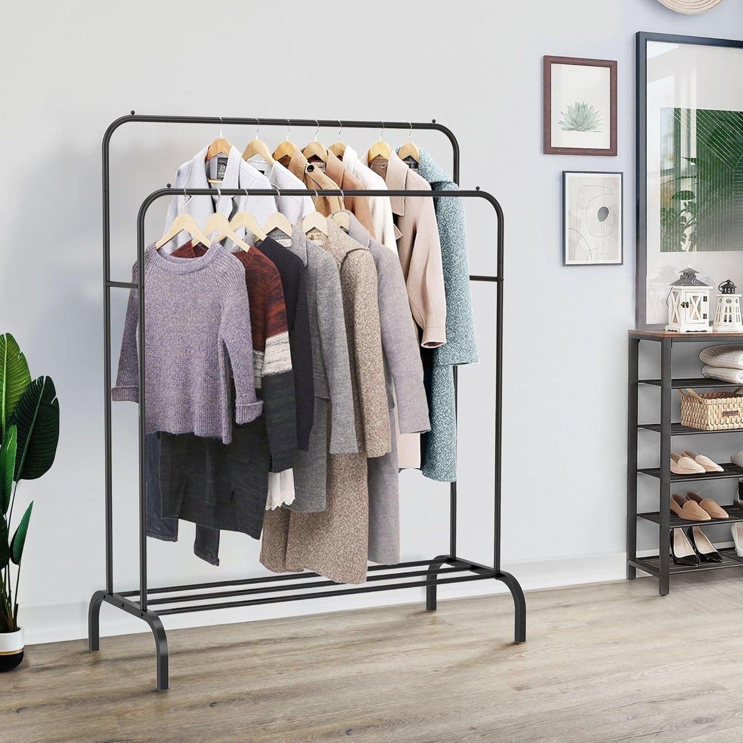 Black Duo Metal Clothes Rack Double Black Metal Clothes Rack Multi-Use Easy to Install with Wheels for Easy Movement, Dimensions 150 - Generic